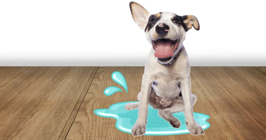 cachorro de perro haciendo pipi en suelo de madera