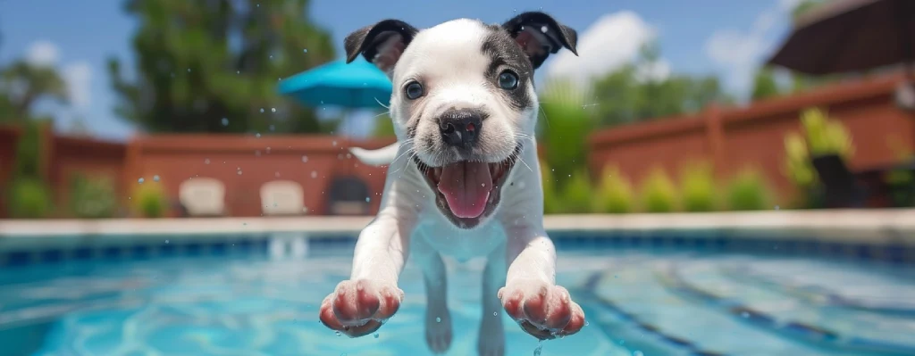 Cachorro de Pitbull saltando a una piscina