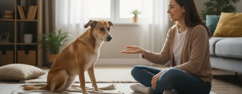 Perro con miedo siendo acompañado con refuerzo positivo para ganar confianza