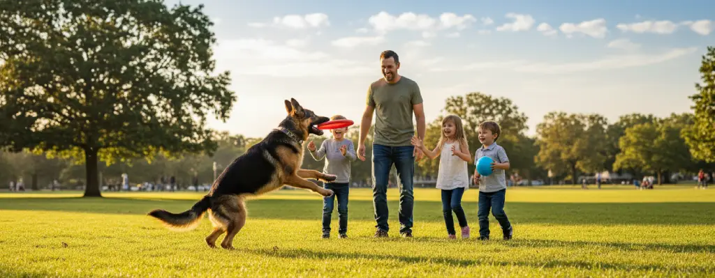 pastor alemán jugando con la familia en el parque
