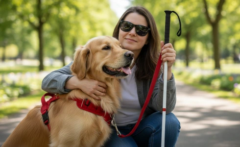 mujer invidente abrazando perro de asistencia