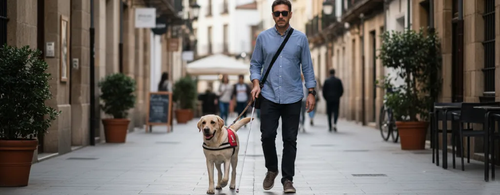 perros de acompañamiento ayudando a una persona invidente