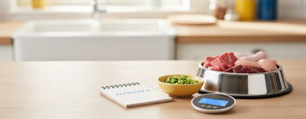 mesa con preparación para la dieta barf