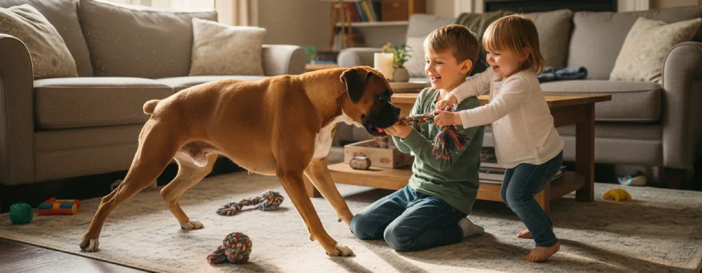 perro boxer jugando con dos niños en un salon
