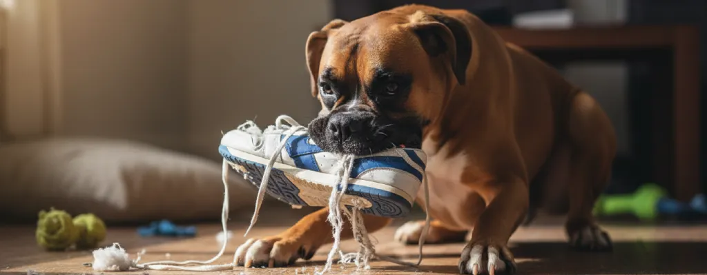 carácter de perro boxer mordiendo zapatilla