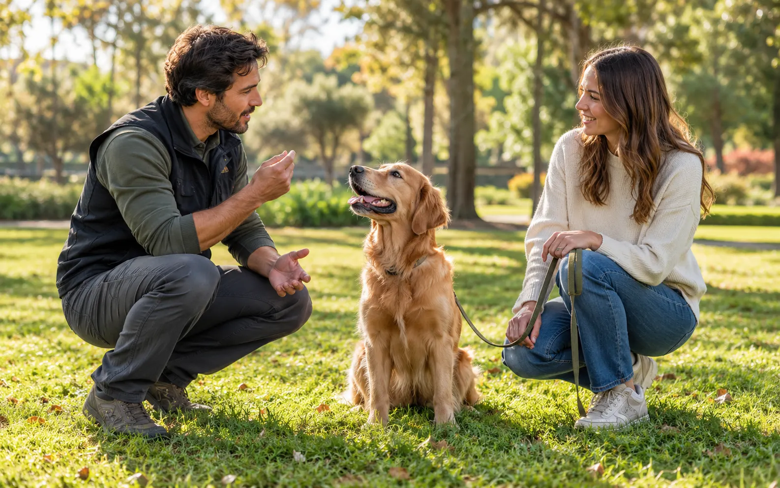 Tutor y adiestrador trabajando juntos con un perro