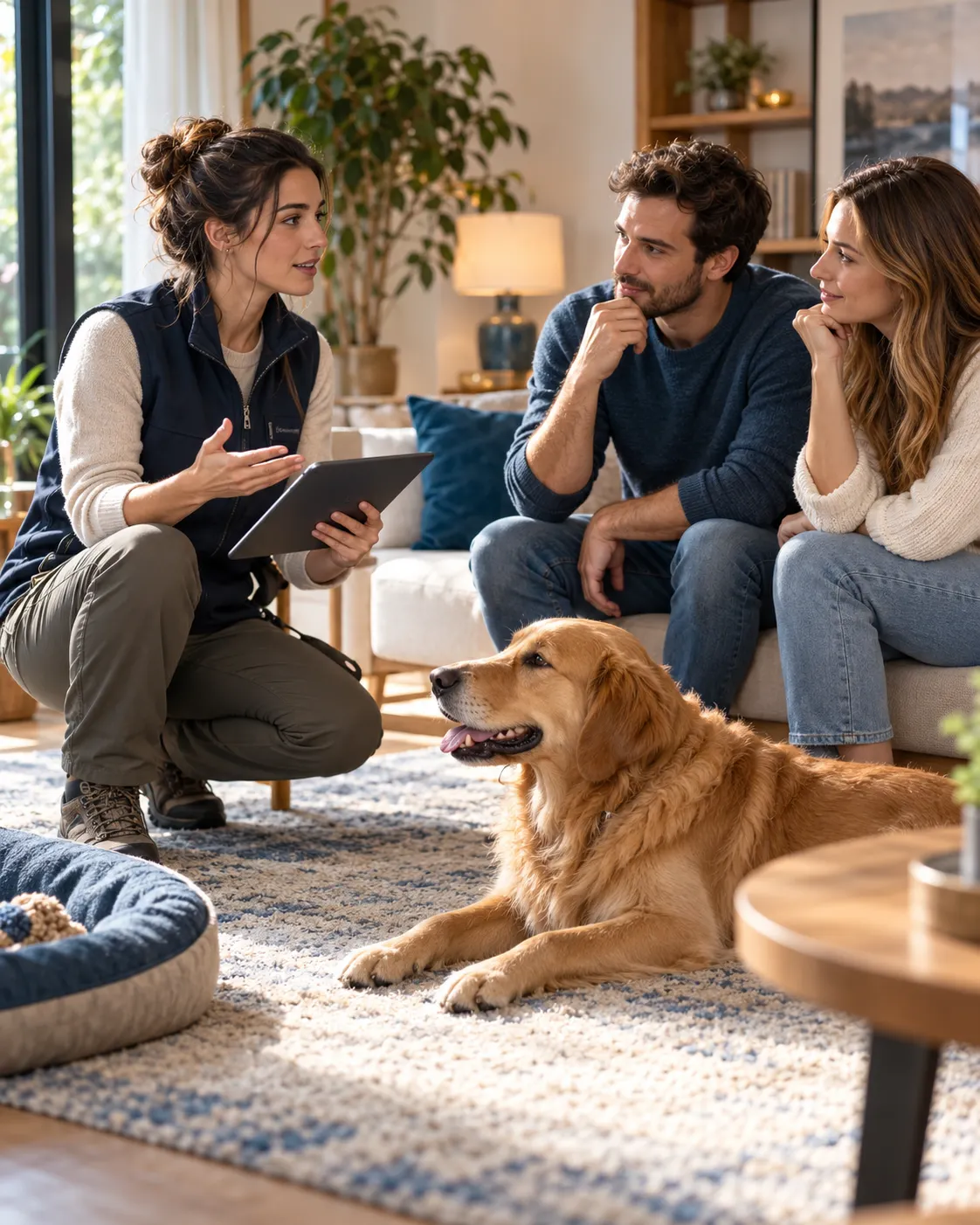 Adiestrador canino explicando un plan de trabajo al tutor del perro