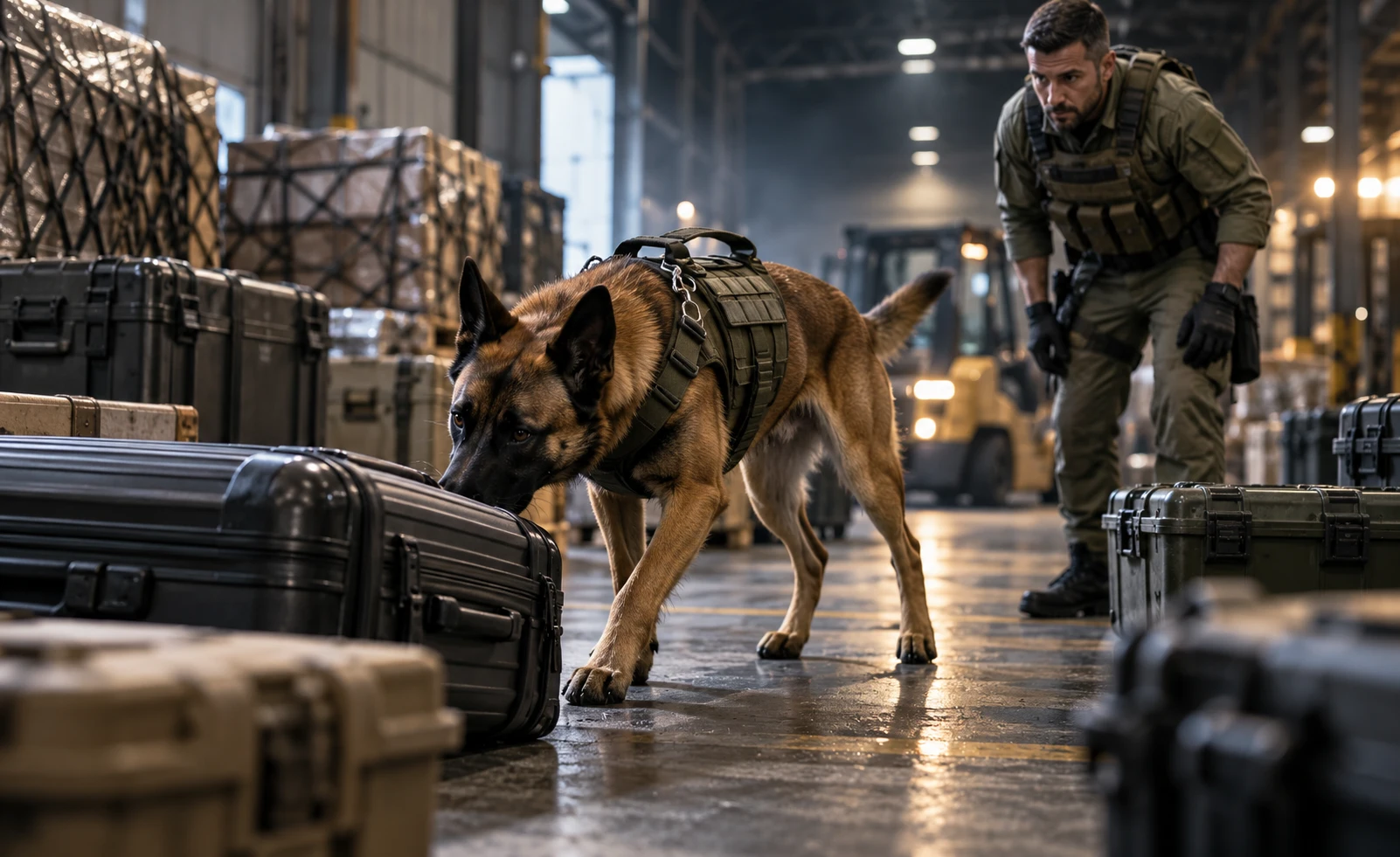 Perro detector trabajando en un hangar industrial durante un ejercicio de detección olfativa canina