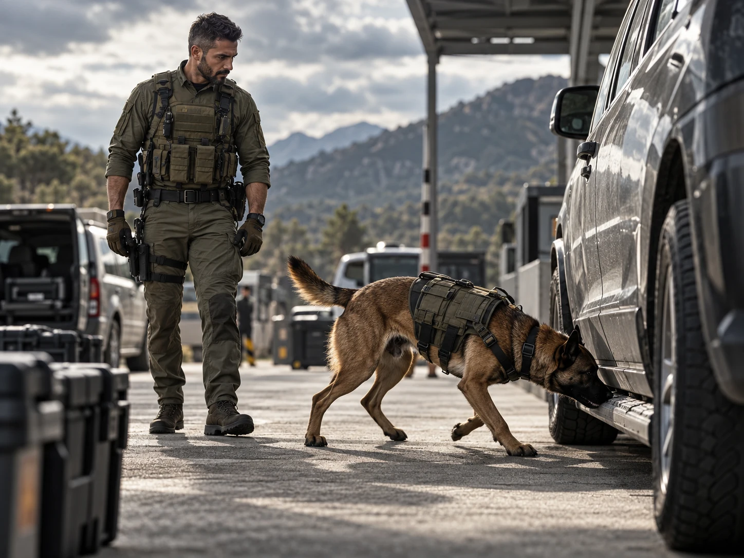 Guía trabajando con un perro de detección olfativa durante la inspección de un vehículo