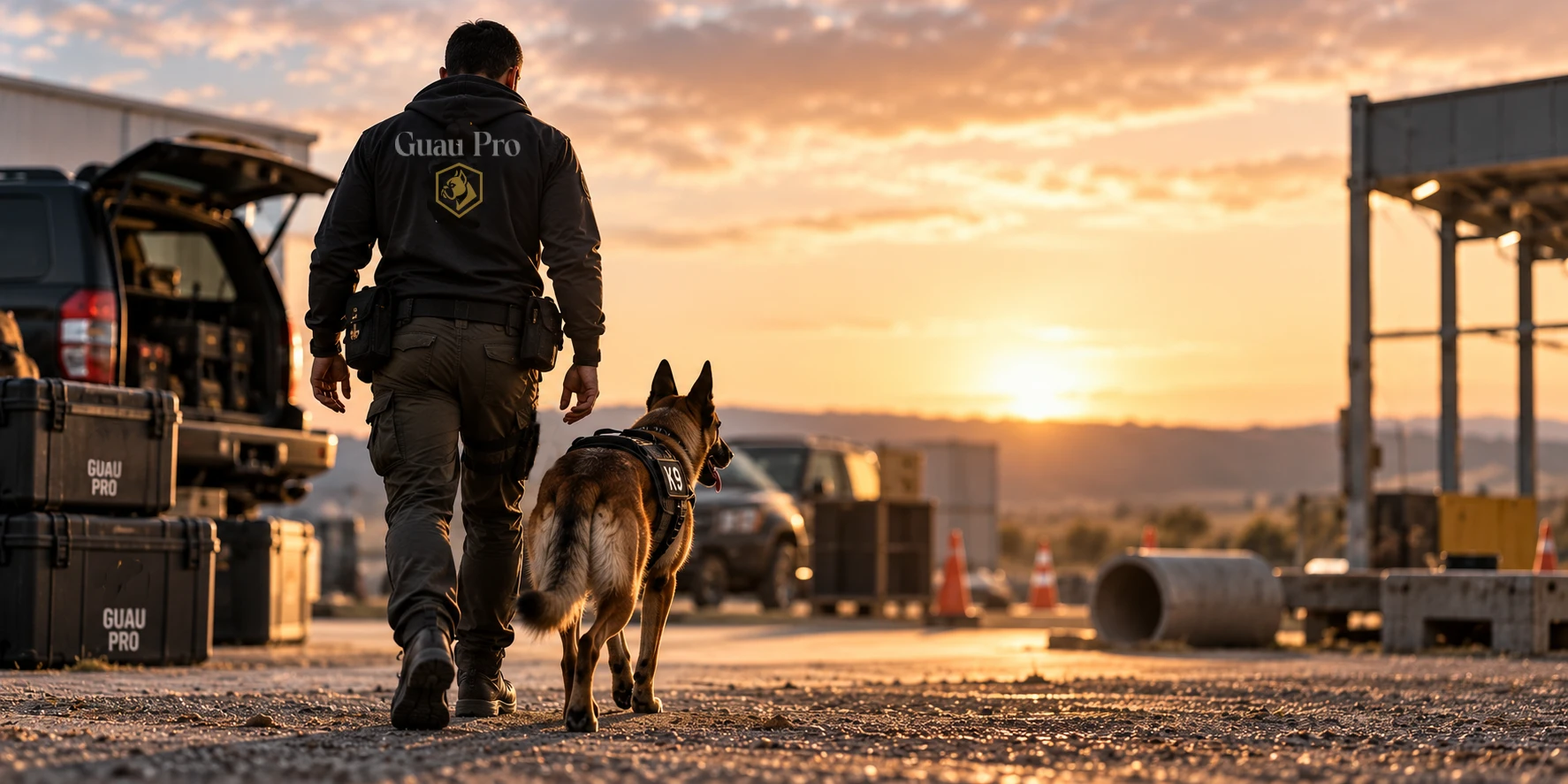 Guía y perro K9 de Guau Pro en una zona de entrenamiento de detección olfativa al atardecer