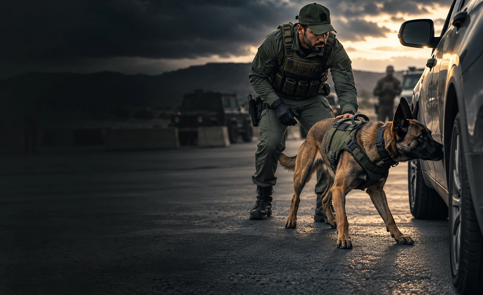 Perro de detección olfativa canina inspeccionando un vehículo con su guía