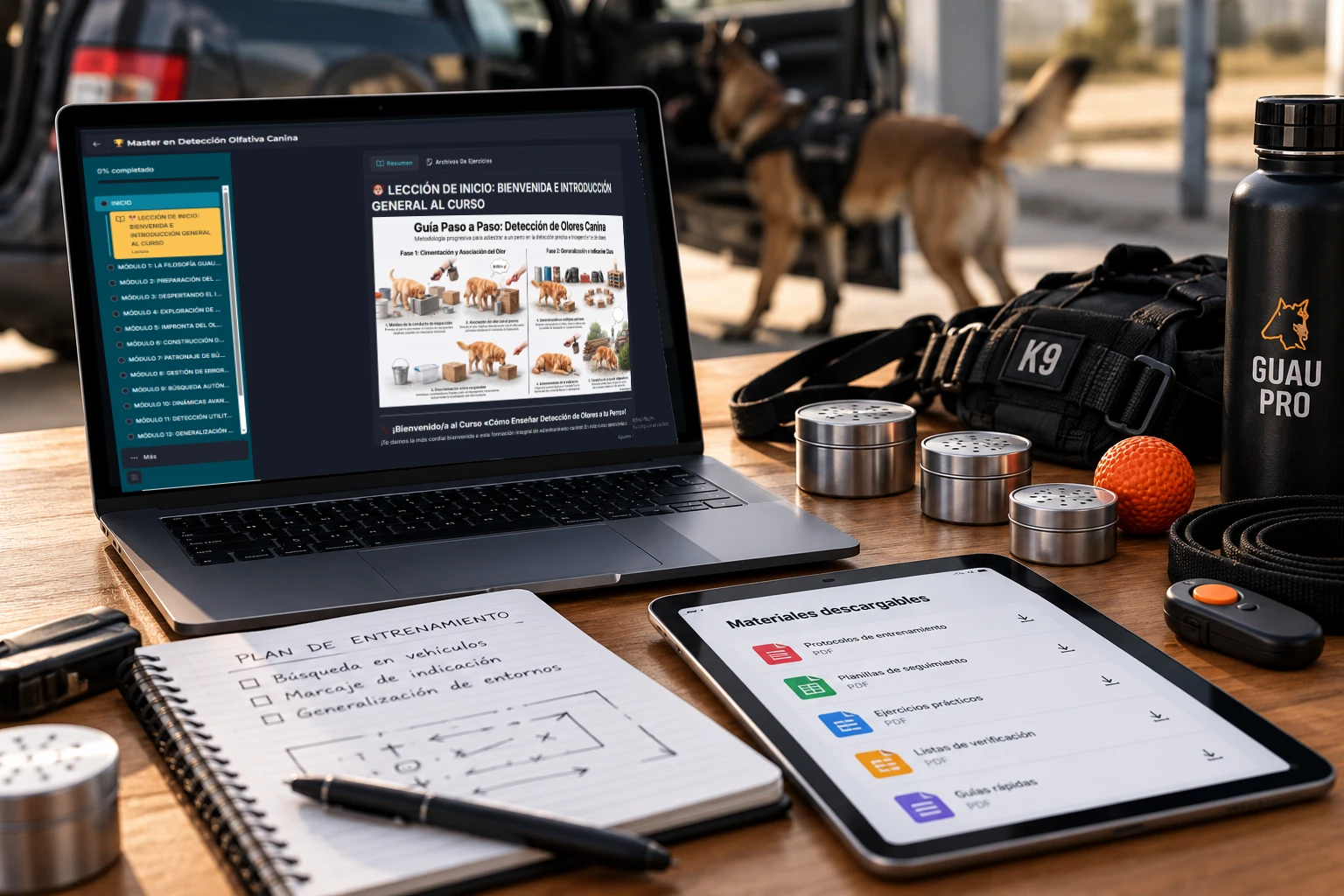 Materiales online, PDFs y equipo de entrenamiento del Máster Guau Pro en Detección Olfativa Canina